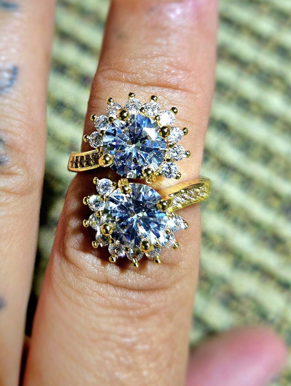 18K Gold Filled Dual Sunburst Halo Bypass Ring / "Toi et Moi" Style